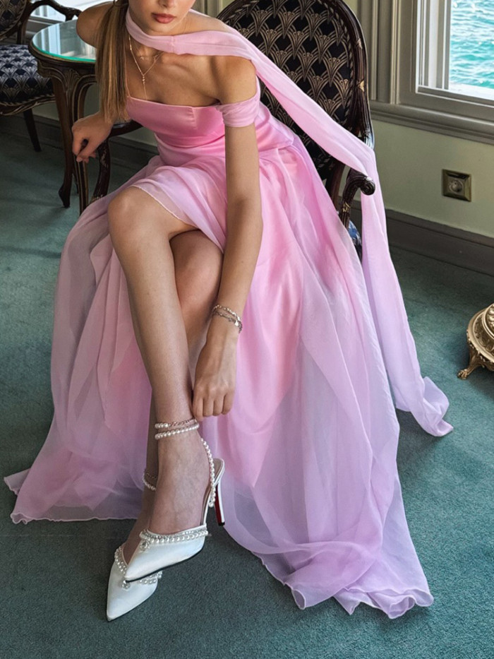 French Style Elegant Satin Spliced Mesh Dress Elegant Tube Top Sleeveless Pleat Evening Dress Sexy Backless Ribbon Women's Dress