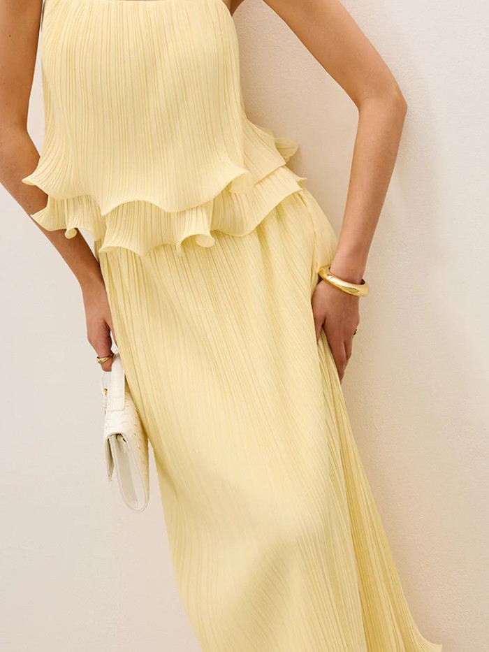 Sexy Off Shoulder Sling Top and Long Skirt Suit Yellow Pleated Slim Fit Party Outfits French Ruffle Design Women Two Piece Set