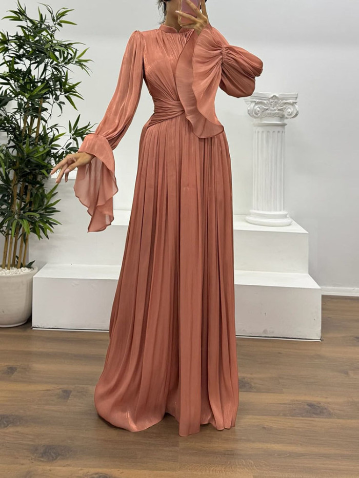 French Style Satin Flare Sleeve Pleat Evening Dress Elegant Lady O-neck High Waist Banquet Dress Casual Simple Solid Color Dress