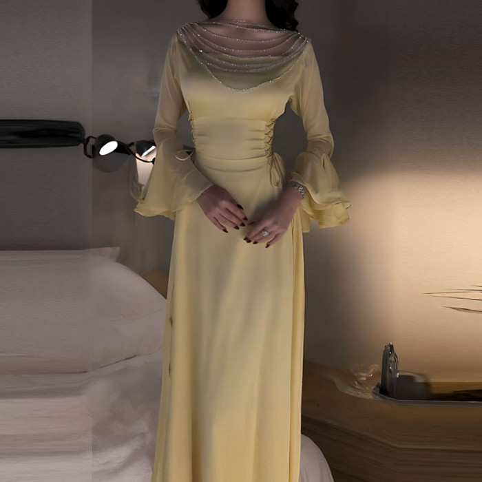 Fashion Skew Collar High Waist Pleat Evening Dress Lady Solid Color Slim Dress Sexy Beading Decoration Long Sleeve Evening Dress