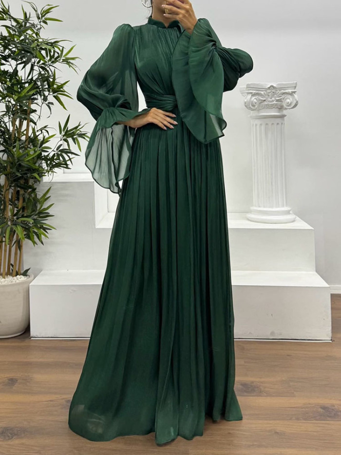 French Style Satin Flare Sleeve Pleat Evening Dress Elegant Lady O-neck High Waist Banquet Dress Casual Simple Solid Color Dress