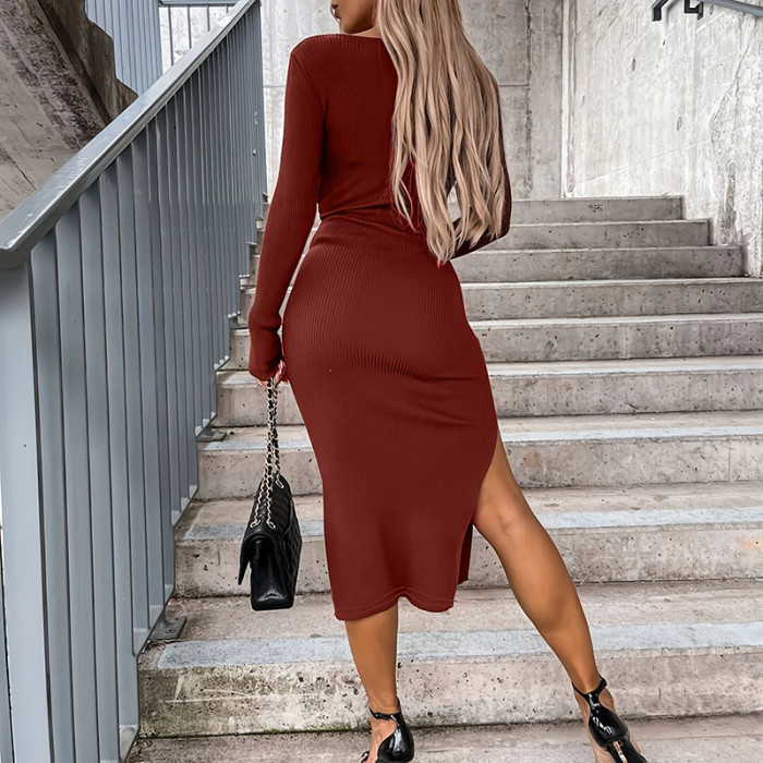 Autumn Winter Elegant Rib Long Dress Women Fashion U-neck Hight Waist Wrap Hip Dress Casual Long Sleeve Split Solid Party Dress