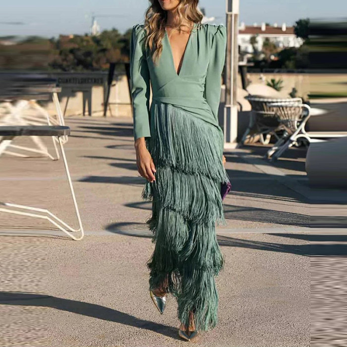 Chic High Waist Pleated Tassel Hem Dress Fashion Solid Color Women Banquet Dresses French Style V-neck Long Sleeve Evening Dress