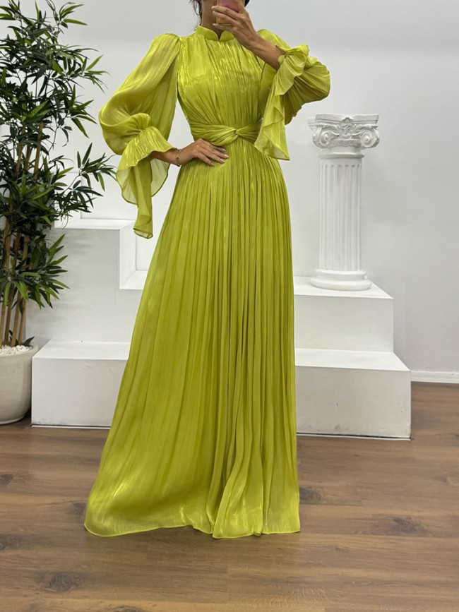 French Style Satin Flare Sleeve Pleat Evening Dress Elegant Lady O-neck High Waist Banquet Dress Casual Simple Solid Color Dress