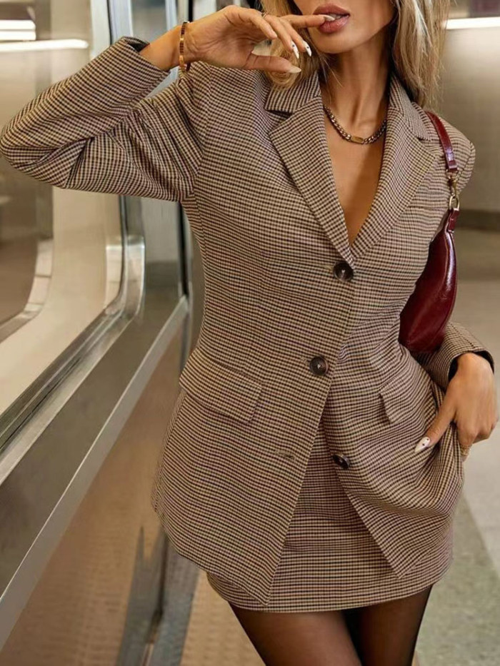 Fashion Lapel Button Blazer Coat Skirt Suit Women's Casual Long Sleeve Slim 2Pc Sets Elegant Checkered Print Commuting Outfits