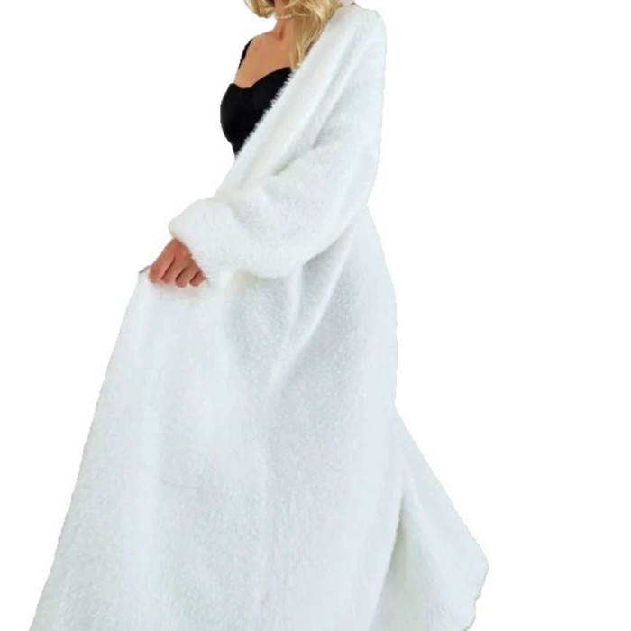 Trendy Simple Lady Long Knitted Coat Leisure V-neck Long Sleeve Fur Cardigans Fall Winter New Lady Solid Color Commute Outerwear