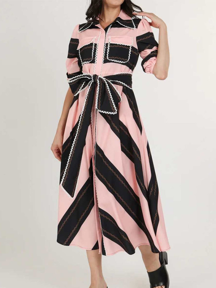 Fashion Striped Splicing Lace-Up Shirt Dress Women Elegant Lapel Collar Commute Party Dress Casual Half Sleeve Pleat Long Dress