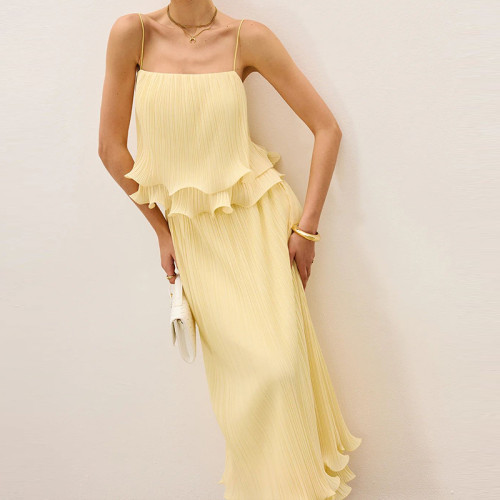 Sexy Off Shoulder Sling Top and Long Skirt Suit Yellow Pleated Slim Fit Party Outfits French Ruffle Design Women Two Piece Set