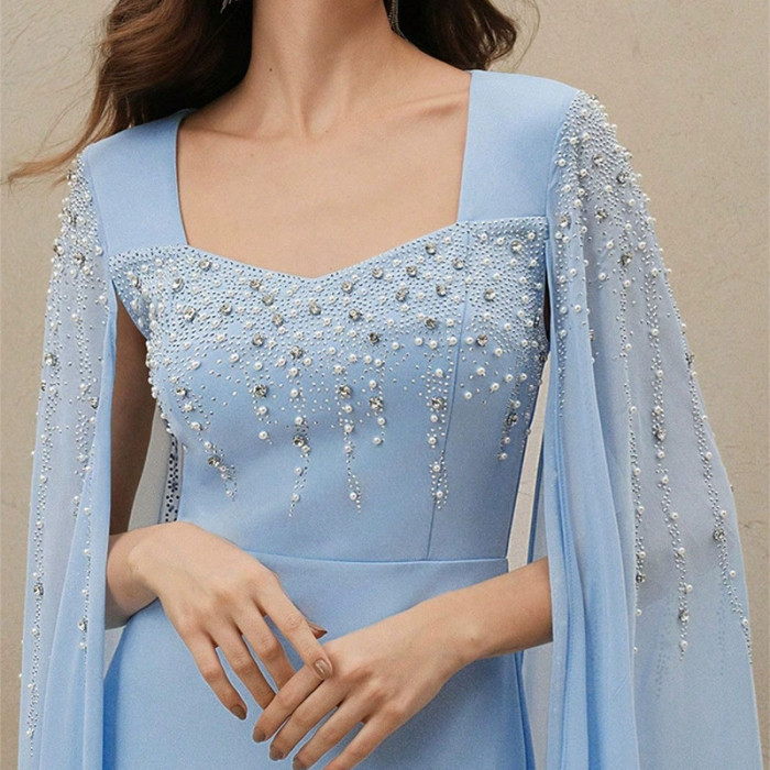 Elegant V-neck Chiffon Evening Dress Women Fashion Beaded Rhinestones Slim Long Dress Sexy Split Long Sleeve Solid Party Dress