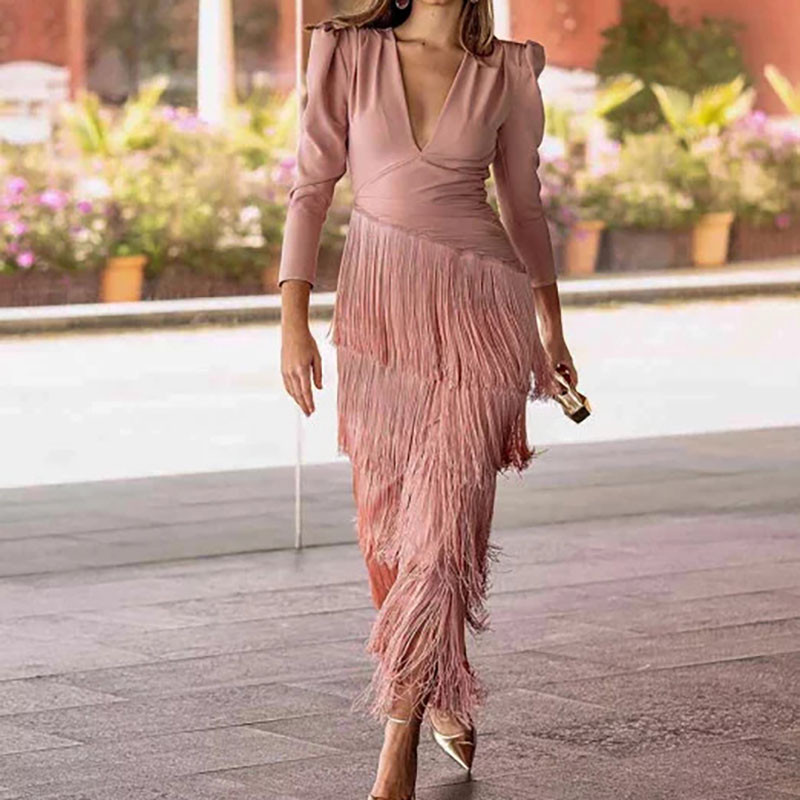 Chic High Waist Pleated Tassel Hem Dress Fashion Solid Color Women Banquet Dresses French Style V-neck Long Sleeve Evening Dress