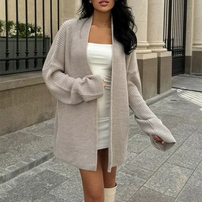 Autumn Winter Casual Sweater Outercoat 2025 Elegant V-neck Long Sleeve Cardigan Coat Women Fashion Lace-Up Solid Loose Cardigan