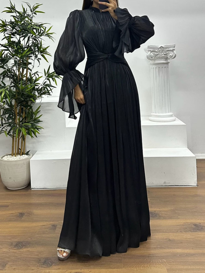 French Style Satin Flare Sleeve Pleat Evening Dress Elegant Lady O-neck High Waist Banquet Dress Casual Simple Solid Color Dress