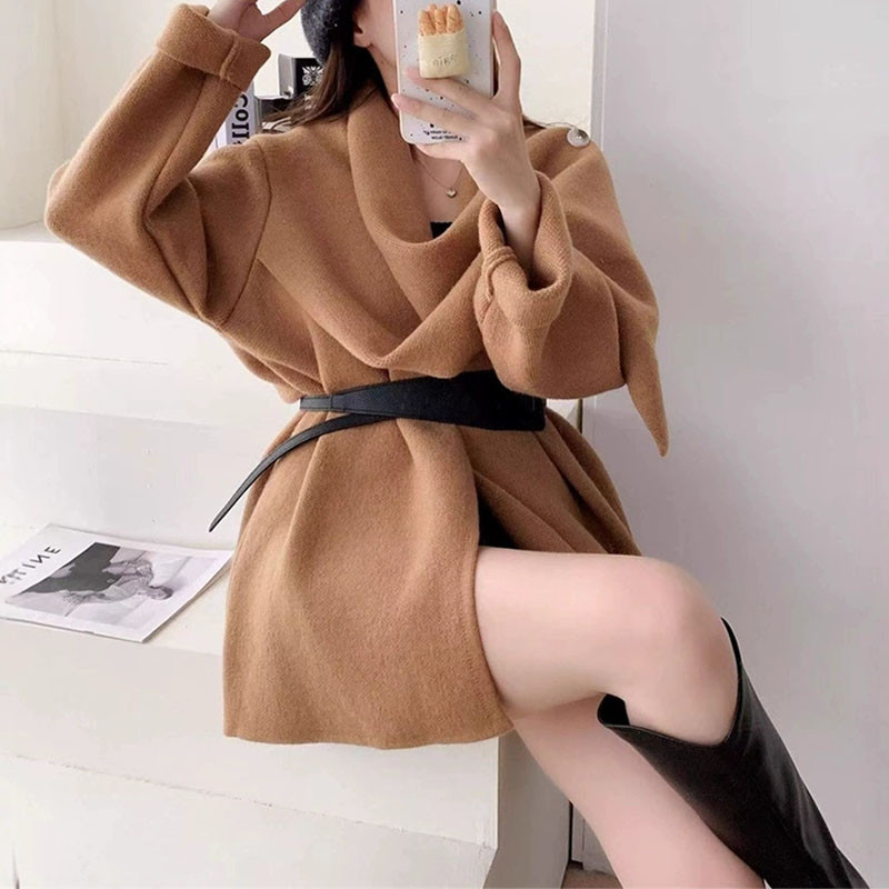 Women's Casual Long Sleeve Solid Midi Jacket Winter Fashion Design Sweater Tops Autumn Elegant Asymmetrical Scarf Knitted Coats