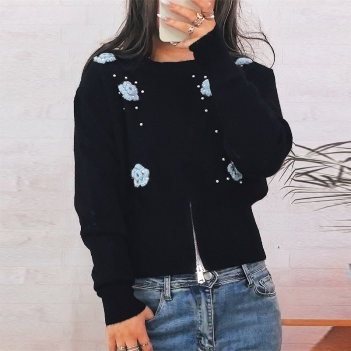 Fashion Dimensional Flower Pearl Pullover Jumper Women Casual Long Sleeve Slim Knitted Tops Elegant Round Neck Commuter Sweater