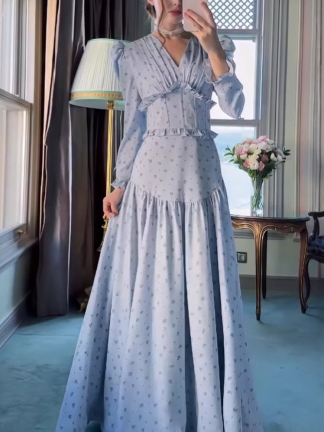 Romantic French Style Floral Print Dress Elegant Long Sleeve Pleated A-line Dress Temperament V-neck Nipped Waist Princess Dress