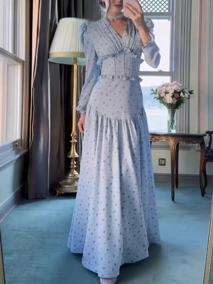 Romantic French Style Floral Print Dress Elegant Long Sleeve Pleated A-line Dress Temperament V-neck Nipped Waist Princess Dress