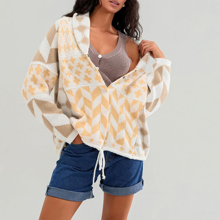 Autumn Elegant Soft Hooded Jacket Women Fashion Pattern Print Loose Short Coats Winter Casual Long Sleeve Pocket Knit Outercoat