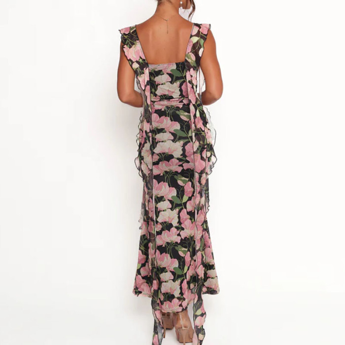 Women Fashion Flower Print Slim Bohemian Dress Casual Sleeveless Hight Waist Maxi Dress Elegant Square Collar Holiday Long Dress
