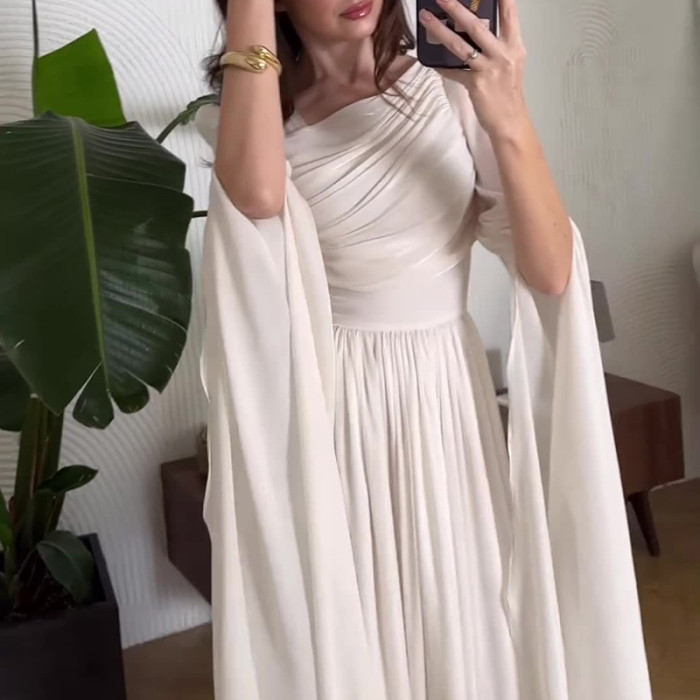 Autumn New Women Chic Banquet Long Dress Elegant High Waist Chiffon Dress Fashion Flare Sleeve Solid Color Pleated Evening Dress