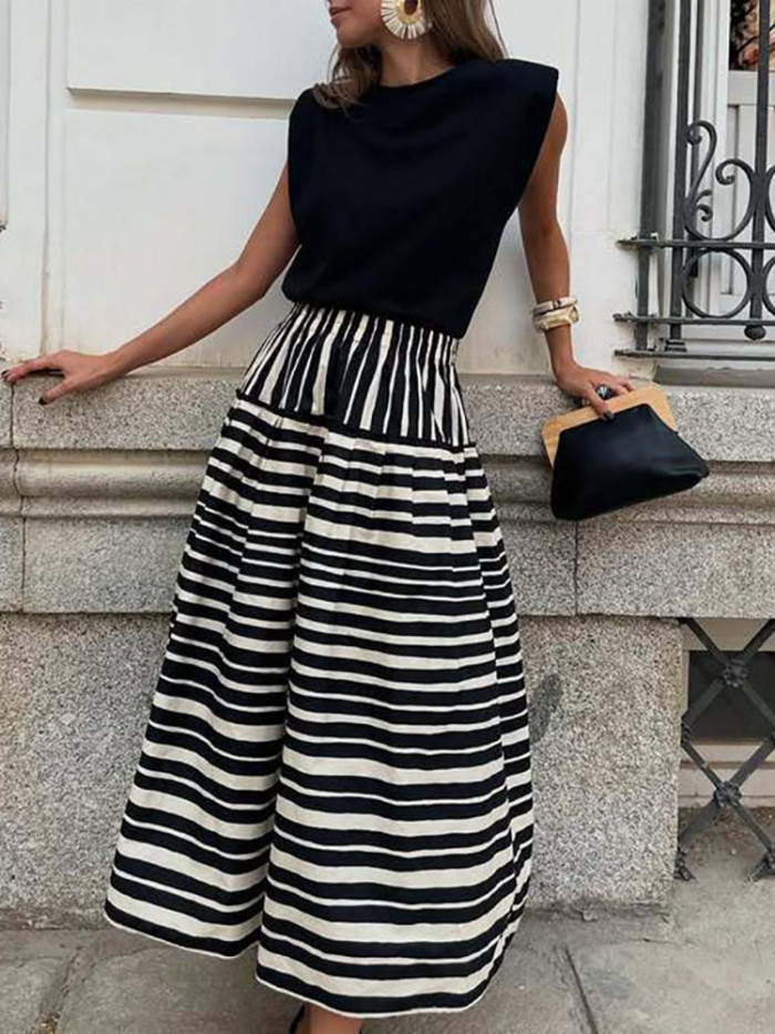 Spring Fall Casual Big Swing Party Skirt Fashion Striped Printed Half Skirt For Women Elegant Hight Waist Draped Bohe Long Skirt
