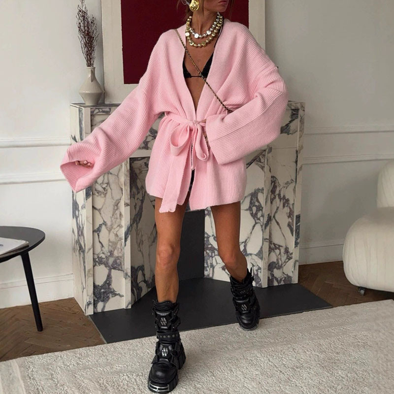 Autumn Winter Casual Sweater Outercoat 2025 Elegant V-neck Long Sleeve Cardigan Coat Women Fashion Lace-Up Solid Loose Cardigan