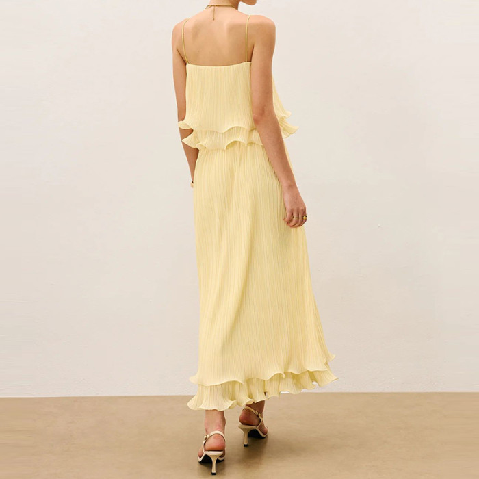 Sexy Off Shoulder Sling Top and Long Skirt Suit Yellow Pleated Slim Fit Party Outfits French Ruffle Design Women Two Piece Set