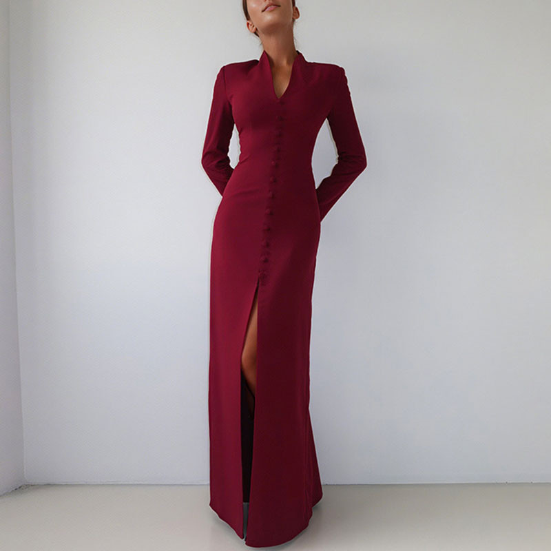 Women Elegant Split Slim Party Dress Sexy V-neck Single Breasted Bodycon Dress Autumn Causal Long Sleeve Solid Color Long Dress