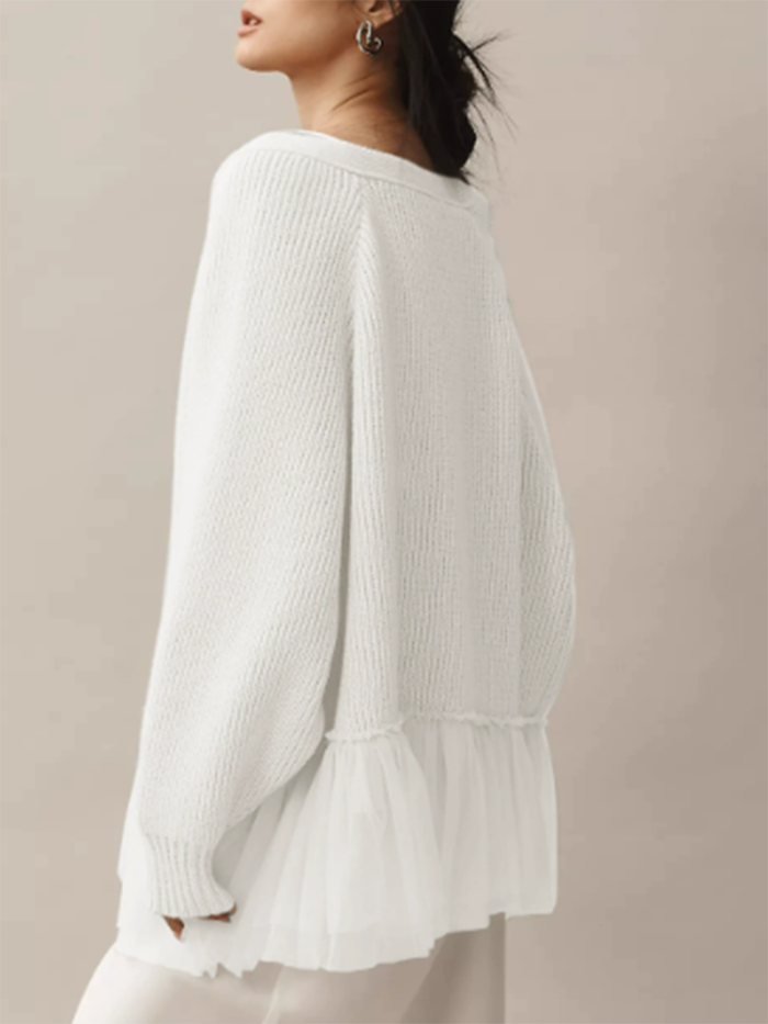 Elegant Casual Commuting Overcoat 2025 Autumn Winter New Lace Hem Knitted Cardigans Ladies Solid Color Loose Warm Sweater Coat