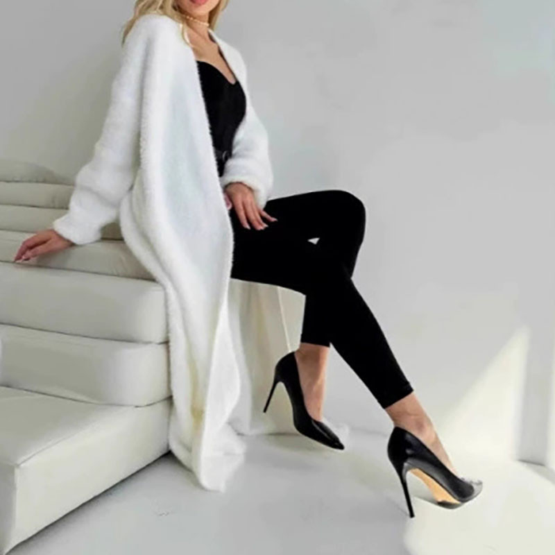 Trendy Simple Lady Long Knitted Coat Leisure V-neck Long Sleeve Fur Cardigans Fall Winter New Lady Solid Color Commute Outerwear