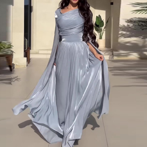 Autumn New Women Chic Banquet Long Dress Elegant High Waist Chiffon Dress Fashion Flare Sleeve Solid Color Pleated Evening Dress