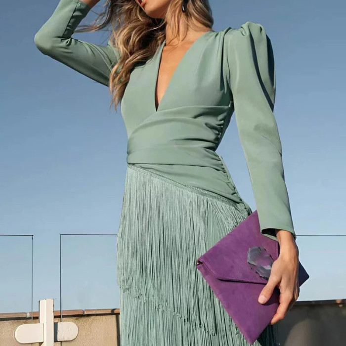 Chic High Waist Pleated Tassel Hem Dress Fashion Solid Color Women Banquet Dresses French Style V-neck Long Sleeve Evening Dress