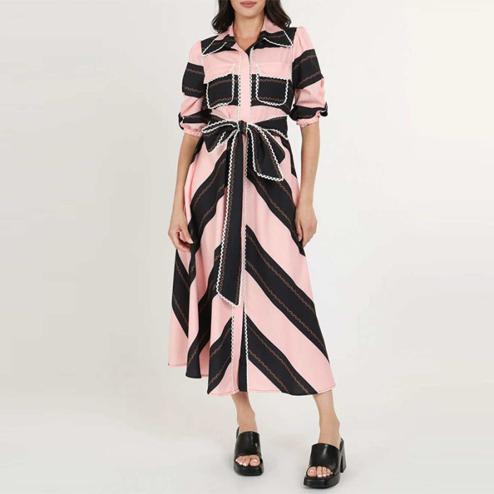 Fashion Striped Splicing Lace-Up Shirt Dress Women Elegant Lapel Collar Commute Party Dress Casual Half Sleeve Pleat Long Dress