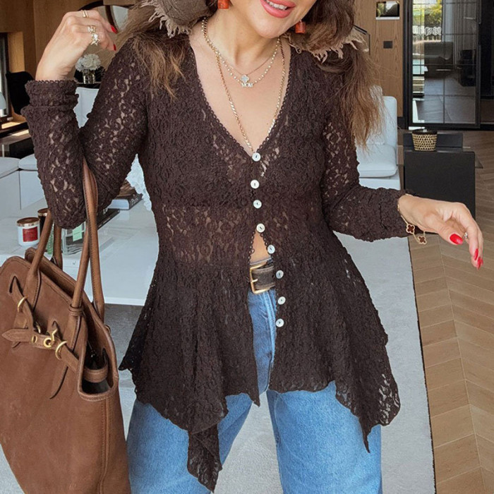 Women Casual Flared Long Sleeve Solid Color Shirt Elegant Embroidery Mesh Slim Top Blusa Sexy Deep V-neck Button Cardigan Blouse
