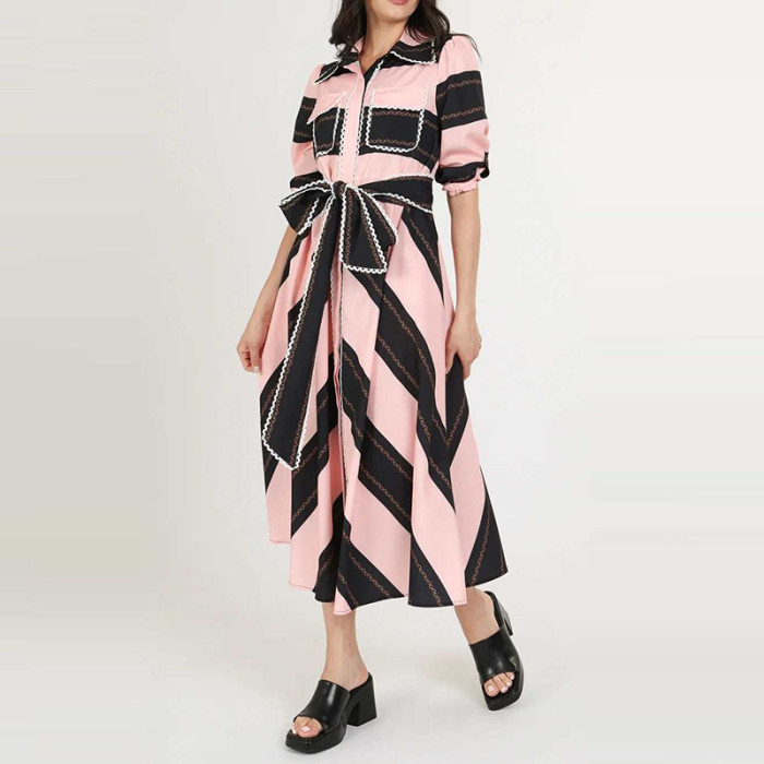 Fashion Striped Splicing Lace-Up Shirt Dress Women Elegant Lapel Collar Commute Party Dress Casual Half Sleeve Pleat Long Dress