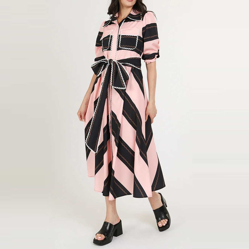 Fashion Striped Splicing Lace-Up Shirt Dress Women Elegant Lapel Collar Commute Party Dress Casual Half Sleeve Pleat Long Dress