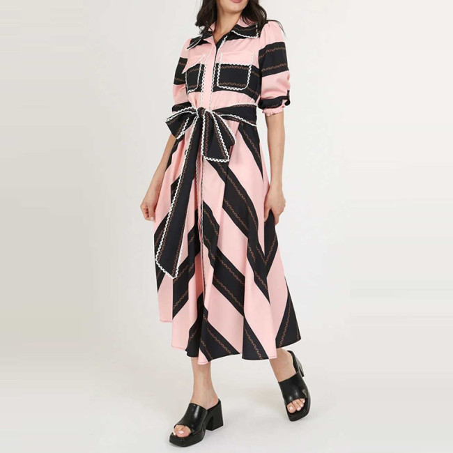 Fashion Striped Splicing Lace-Up Shirt Dress Women Elegant Lapel Collar Commute Party Dress Casual Half Sleeve Pleat Long Dress