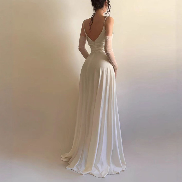 Summer Fashion Hight Waist Solid Long Dress Women Sexy Sleeveless Backless Gowns Dress Elegant Deep V-neck Split Suspender Dress