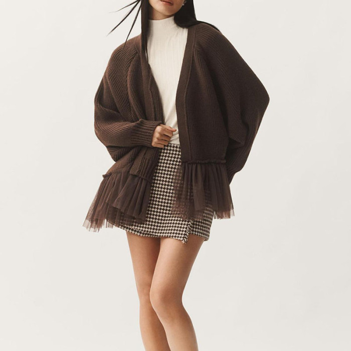 Elegant Casual Commuting Overcoat 2025 Autumn Winter New Lace Hem Knitted Cardigans Ladies Solid Color Loose Warm Sweater Coat