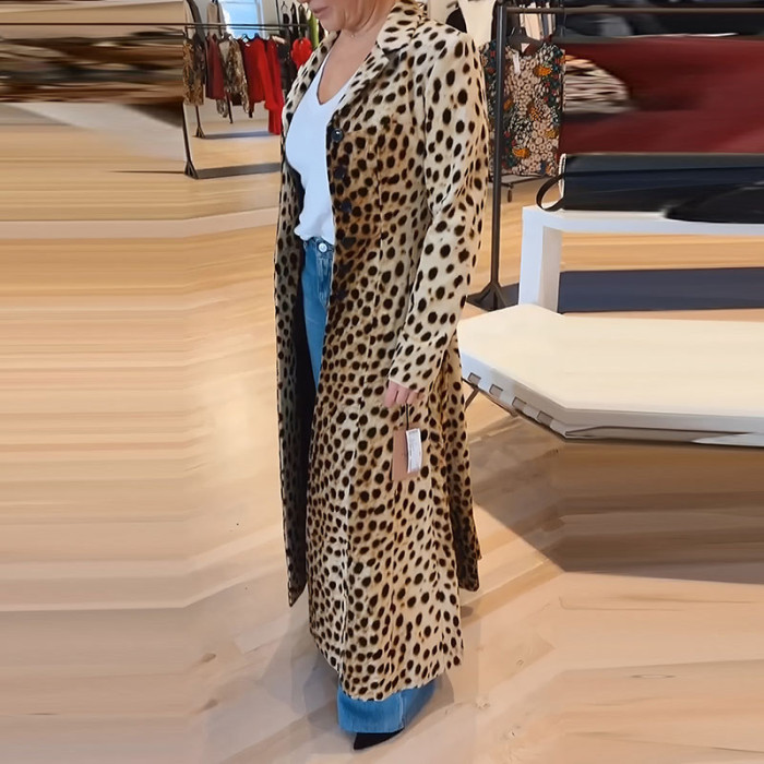 Autumn Winter Casual Loose Windbreaker Fashion Leopard Print Loose Long Jacket Women Elegant Lapel Long Sleeve Outercoats