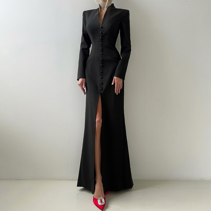 Women Elegant Split Slim Party Dress Sexy V-neck Single Breasted Bodycon Dress Autumn Causal Long Sleeve Solid Color Long Dress