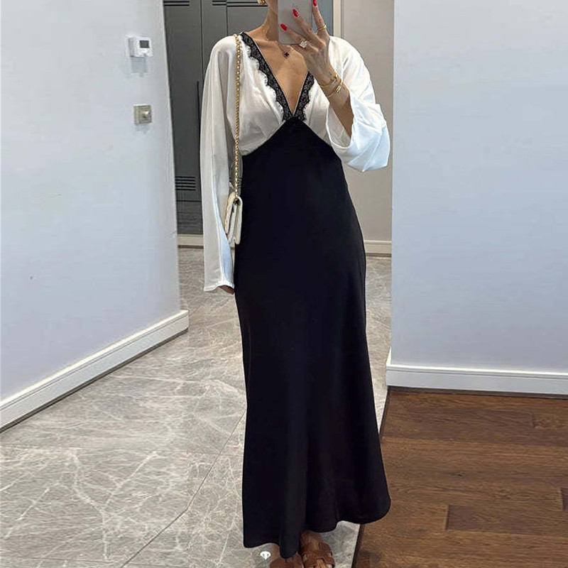 Elegant Satin Long Sleeve Fit Banquet Dress Autumn Women Commute Long Dress Sexy Lace Spliced V-neck Color Blocked Evening Dress