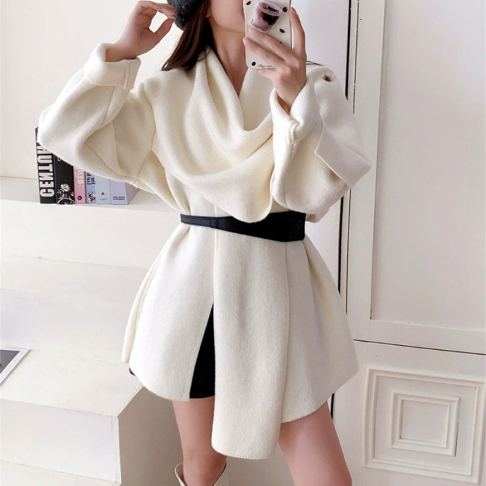 Women's Casual Long Sleeve Solid Midi Jacket Winter Fashion Design Sweater Tops Autumn Elegant Asymmetrical Scarf Knitted Coats