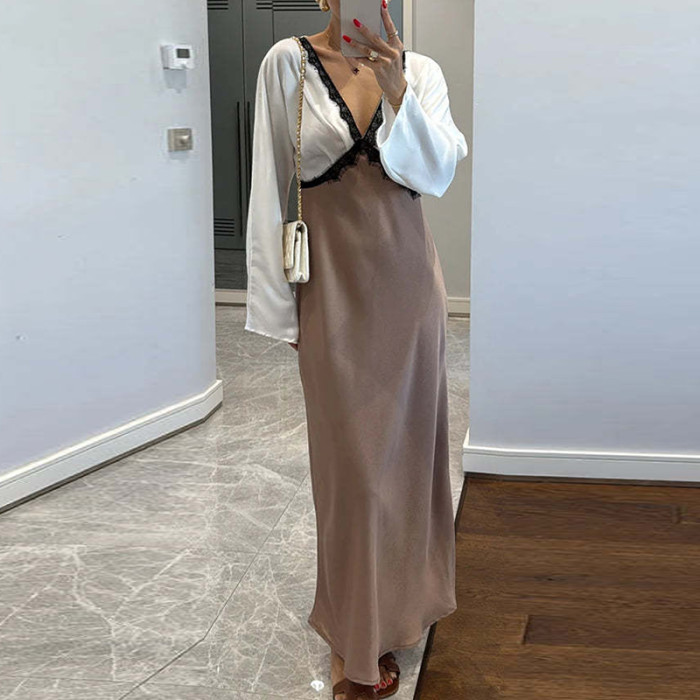 Elegant Satin Long Sleeve Fit Banquet Dress Autumn Women Commute Long Dress Sexy Lace Spliced V-neck Color Blocked Evening Dress