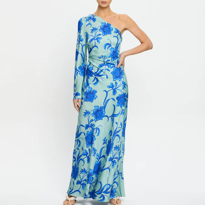 Fashion High Waisted Hollow Bohe Dress Elegant Blue Floral Print Draped Women Dress Sexy Slanted Neck Long Sleeve Holiday Dress