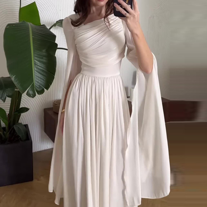 Autumn New Women Chic Banquet Long Dress Elegant High Waist Chiffon Dress Fashion Flare Sleeve Solid Color Pleated Evening Dress