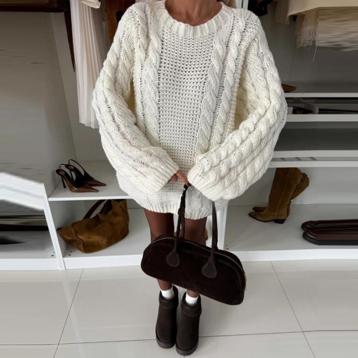 Autumn Fashion Round Neck Pullover Jumper Women's Casual Long Sleeve Loose Knitted Tops Winter Elegant Hollow Out Solid Sweater