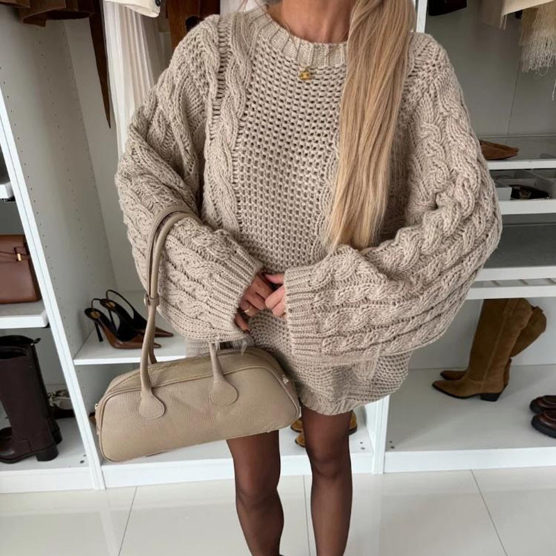 Autumn Fashion Round Neck Pullover Jumper Women's Casual Long Sleeve Loose Knitted Tops Winter Elegant Hollow Out Solid Sweater