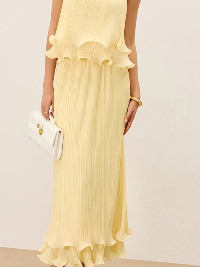 Sexy Off Shoulder Sling Top and Long Skirt Suit Yellow Pleated Slim Fit Party Outfits French Ruffle Design Women Two Piece Set