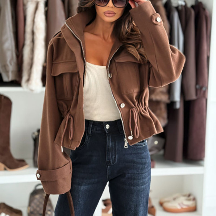 Autumn Elegant Lapel Collar Short Jacket Winter Women Fashion Zipper Button Solid Color Coats Causal Long Sleeve Loose Outercoat