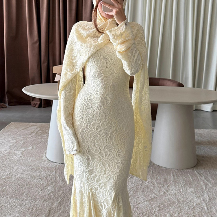 Sexy U Collar Lace Fishtail Backless Dress Elegant Solid Color Slim Evening Party Dress Temperament Long Sleeve Lace Up Dresses